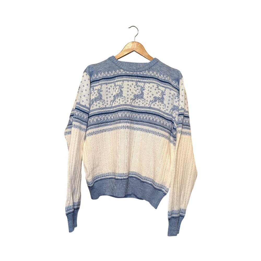 Vintage Repage Christmas Sweater XL Reindeer Snowflake Nordic Fair Isle Knit Blu